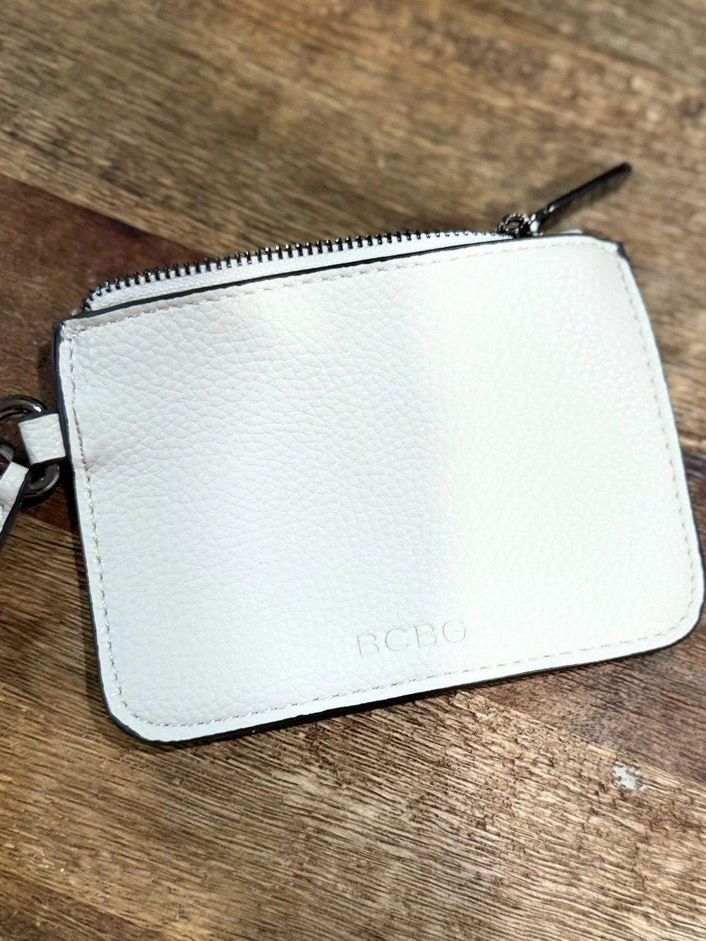 BCBG Cream Pebbled Leather Wristlet Card Holder with Strap